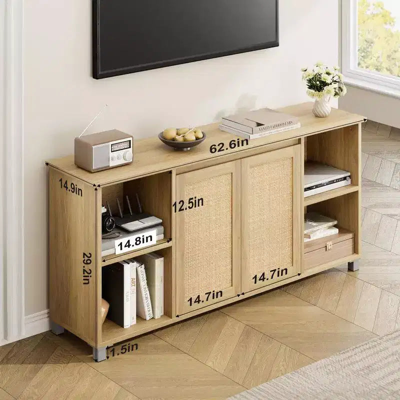 Meuble TV moderne du milieu du siècle avec portes en rotin de 178 cm – Meuble de rangement pour TV de 70 pouces