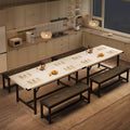 Dining Table Set, 3-Piece Extendable Kitchen Set for 4-6 People with 2 Upholstered Benches - Marble White for Apartment Dining Room