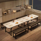 Dining Table Set, 3-Piece Extendable Kitchen Set for 4-6 People with 2 Upholstered Benches - Marble White for Apartment Dining Room