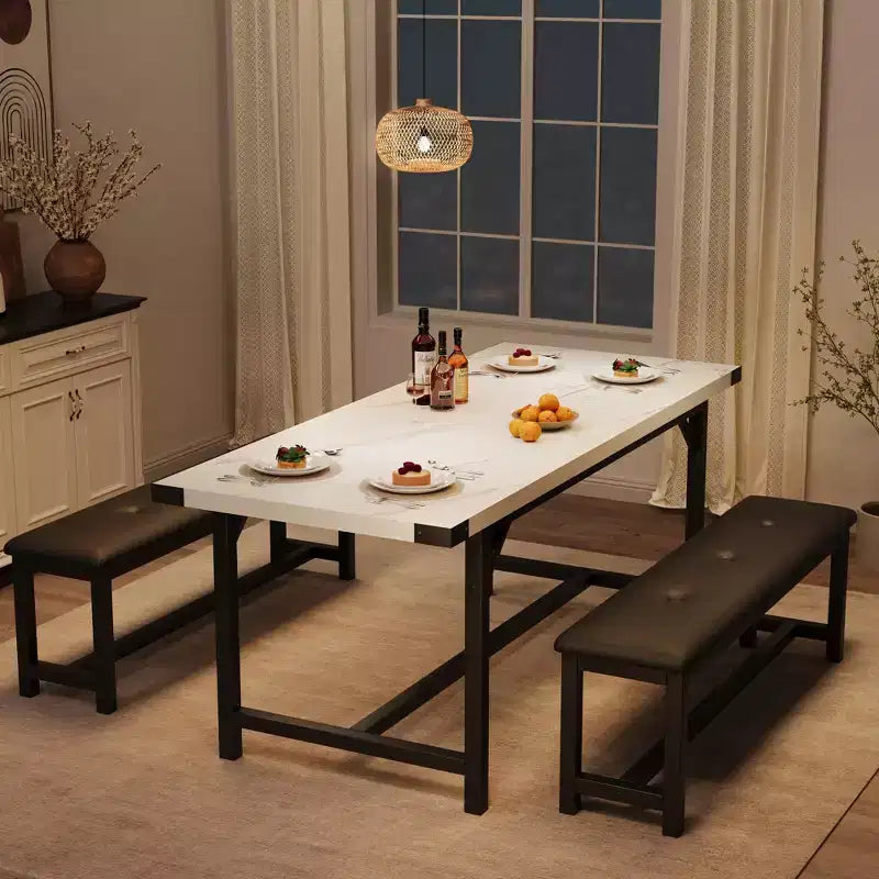 Ensemble de salle à manger, ensemble de cuisine extensible 3 pièces pour 4 à 6 personnes avec 2 bancs rembourrés - Blanc marbre pour salle à manger d'appartement