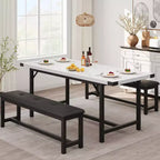 Ensemble de salle à manger, ensemble de cuisine extensible 3 pièces pour 4 à 6 personnes avec 2 bancs rembourrés - Blanc marbre pour salle à manger d'appartement