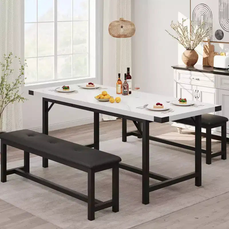 Ensemble de salle à manger, ensemble de cuisine extensible 3 pièces pour 4 à 6 personnes avec 2 bancs rembourrés - Blanc marbre pour salle à manger d'appartement