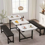 Ensemble de salle à manger, ensemble de cuisine extensible 3 pièces pour 4 à 6 personnes avec 2 bancs rembourrés - Blanc marbre pour salle à manger d'appartement