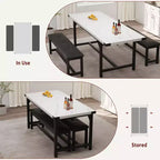 Ensemble de salle à manger, ensemble de cuisine extensible 3 pièces pour 4 à 6 personnes avec 2 bancs rembourrés - Blanc marbre pour salle à manger d'appartement