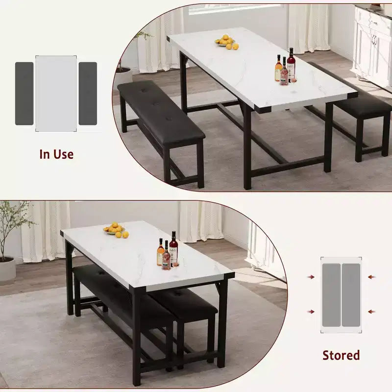 Ensemble de salle à manger, ensemble de cuisine extensible 3 pièces pour 4 à 6 personnes avec 2 bancs rembourrés - Blanc marbre pour salle à manger d'appartement