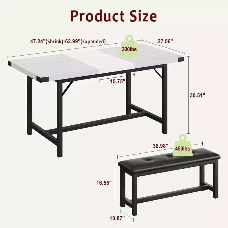 Ensemble de salle à manger, ensemble de cuisine extensible 3 pièces pour 4 à 6 personnes avec 2 bancs rembourrés - Blanc marbre pour salle à manger d'appartement
