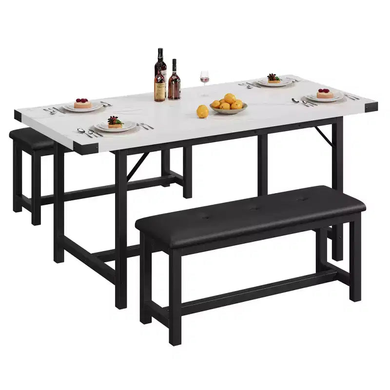 Ensemble de salle à manger, ensemble de cuisine extensible 3 pièces pour 4 à 6 personnes avec 2 bancs rembourrés - Blanc marbre pour salle à manger d'appartement