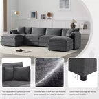 Canapé modulaire sectionnel en U 6 pièces en chenille Polibi avec deux poufs et des coussins à double couche