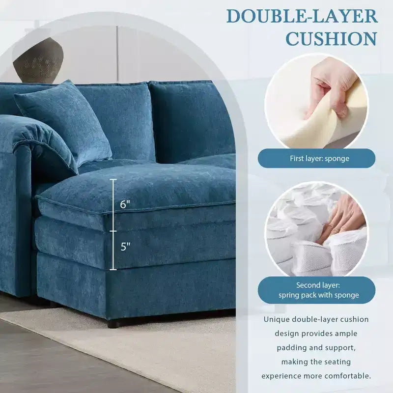 Canapé modulaire sectionnel en U 6 pièces en chenille Polibi avec deux poufs et des coussins à double couche