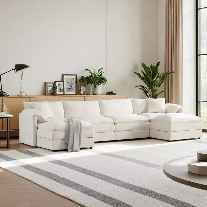 Canapé modulaire sectionnel en U 6 pièces en chenille Polibi avec deux poufs et des coussins à double couche