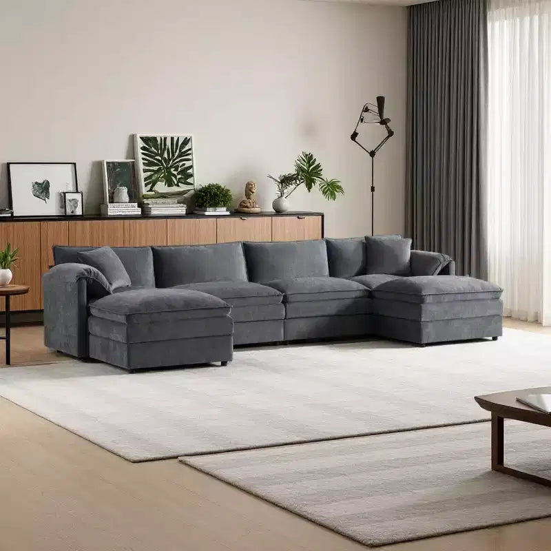 Canapé modulaire sectionnel en U 6 pièces en chenille Polibi avec deux poufs et des coussins à double couche