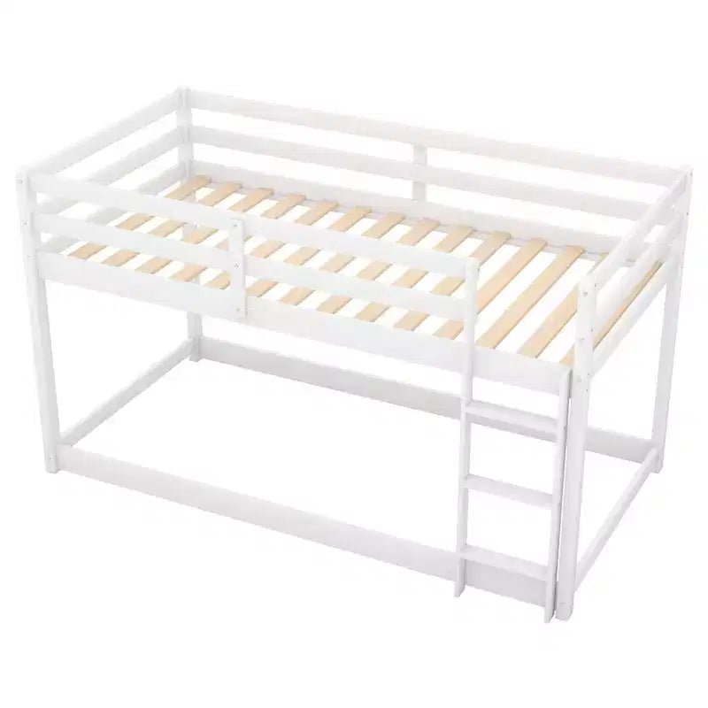 Lit superposé jumeaux en bois massif avec échelle et barrières de sécurité pour adolescents et adultes, meuble de chambre à coucher à cadre bas.
