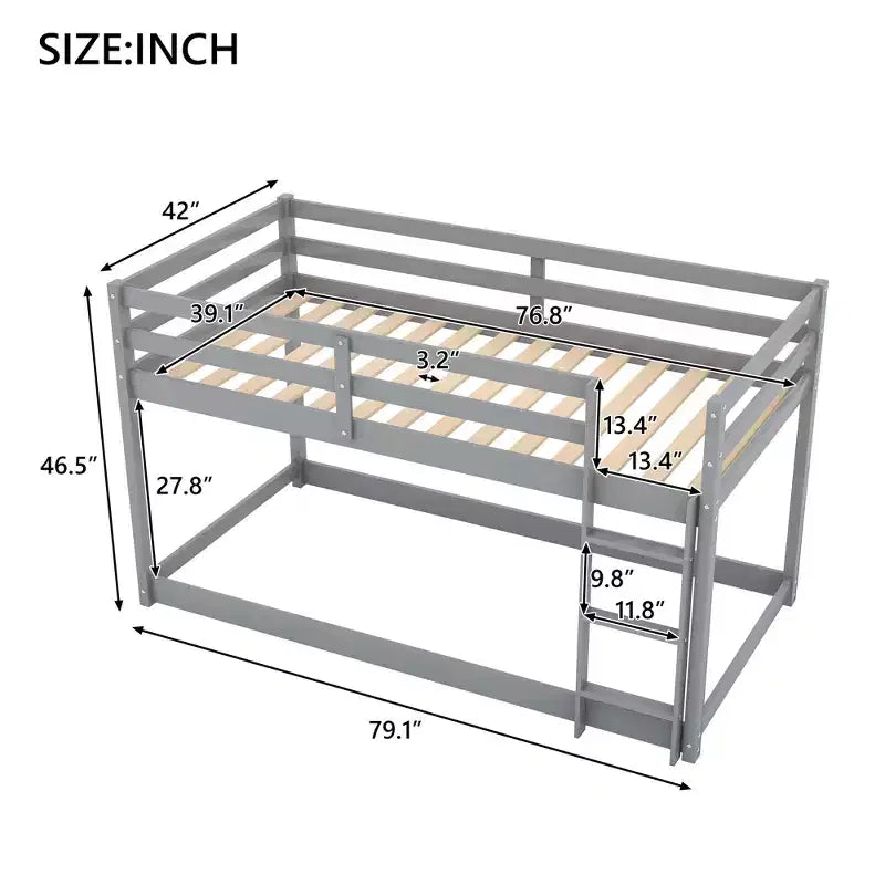 Lit superposé jumeaux en bois massif avec échelle et barrières de sécurité pour adolescents et adultes, meuble de chambre à coucher à cadre bas.