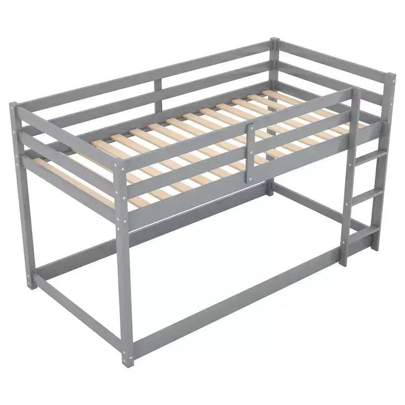 Lit superposé jumeaux en bois massif avec échelle et barrières de sécurité pour adolescents et adultes, meuble de chambre à coucher à cadre bas.