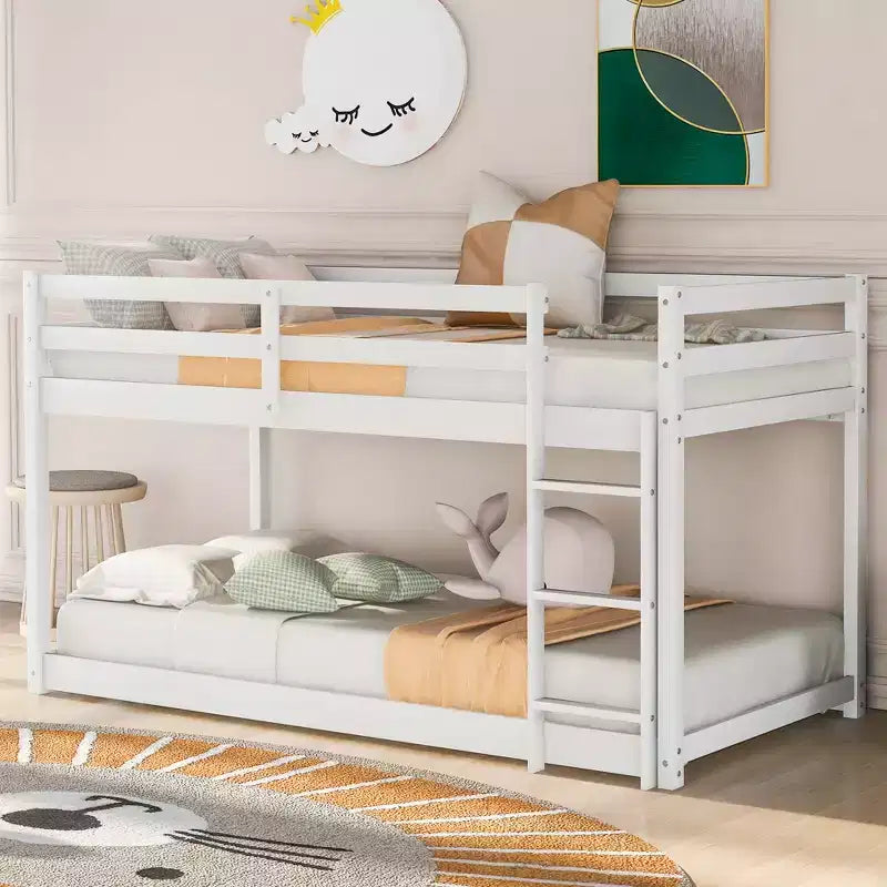 Solid Wood Twin over Twin Floor Bunk Bed with Ladder and Safety Guard Rails for Teens Adults, Low Bed Frame Bedroom Furniture