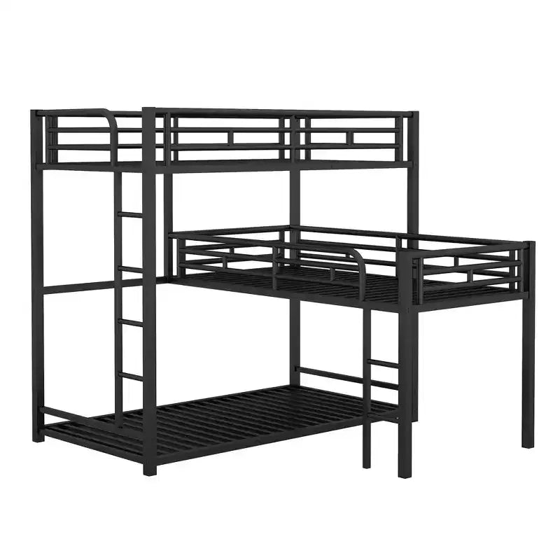 Lit superposé en métal pour 3 enfants, cadre de lit superposé triple en forme de L de taille double, lit superposé à 3 lits pour enfants, adolescents et adultes, noir