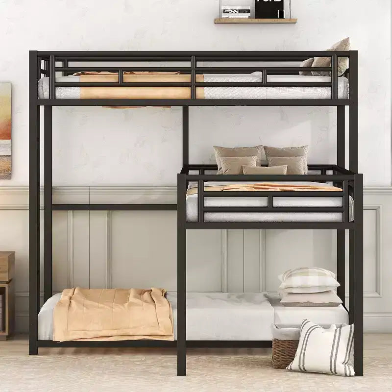 Lit superposé en métal pour 3 enfants, cadre de lit superposé triple en forme de L de taille double, lit superposé à 3 lits pour enfants, adolescents et adultes, noir