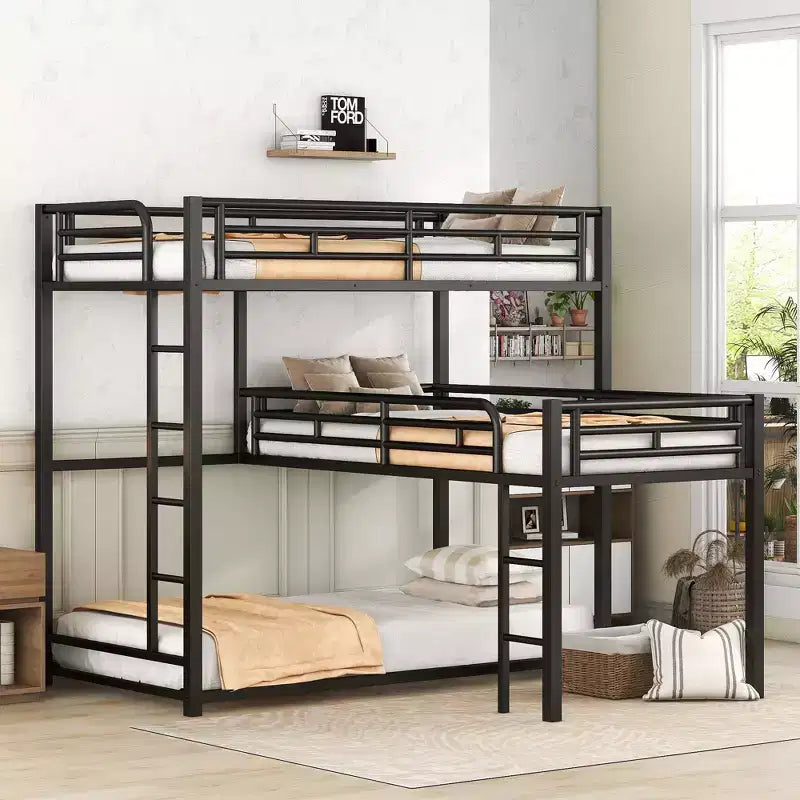 Lit superposé en métal pour 3 enfants, cadre de lit superposé triple en forme de L de taille double, lit superposé à 3 lits pour enfants, adolescents et adultes, noir