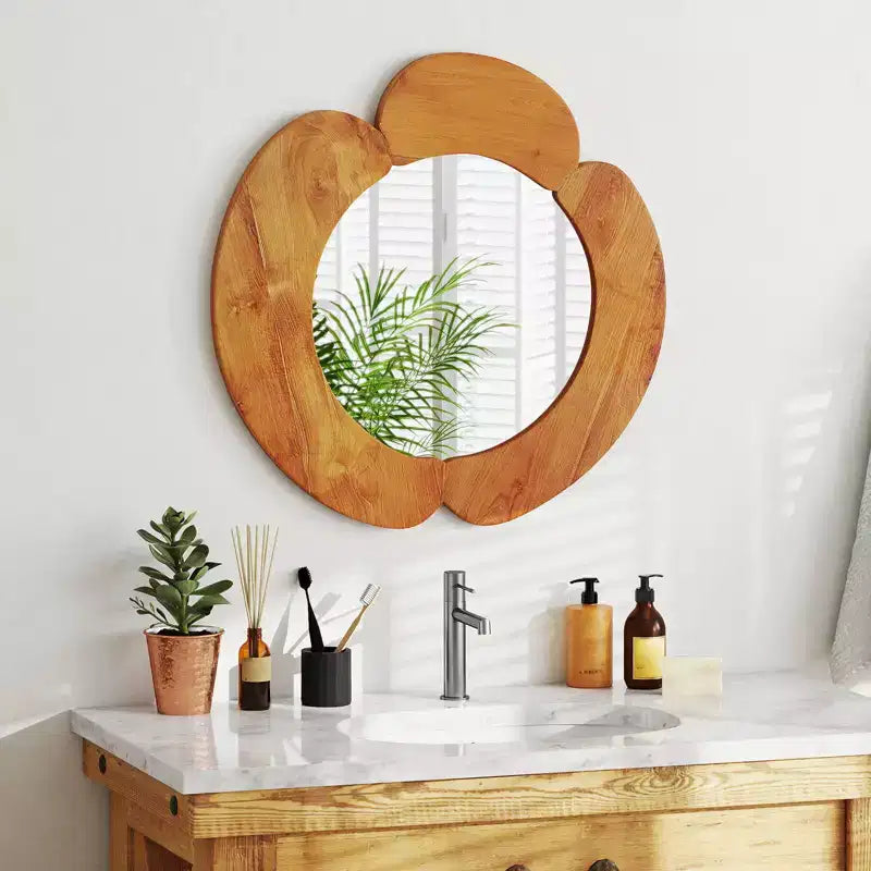 Miroir Mural Irrégulier Costway 73,6 cm Miroir de Vanité Suspendu Rustique avec Cadre en Bois de Teck