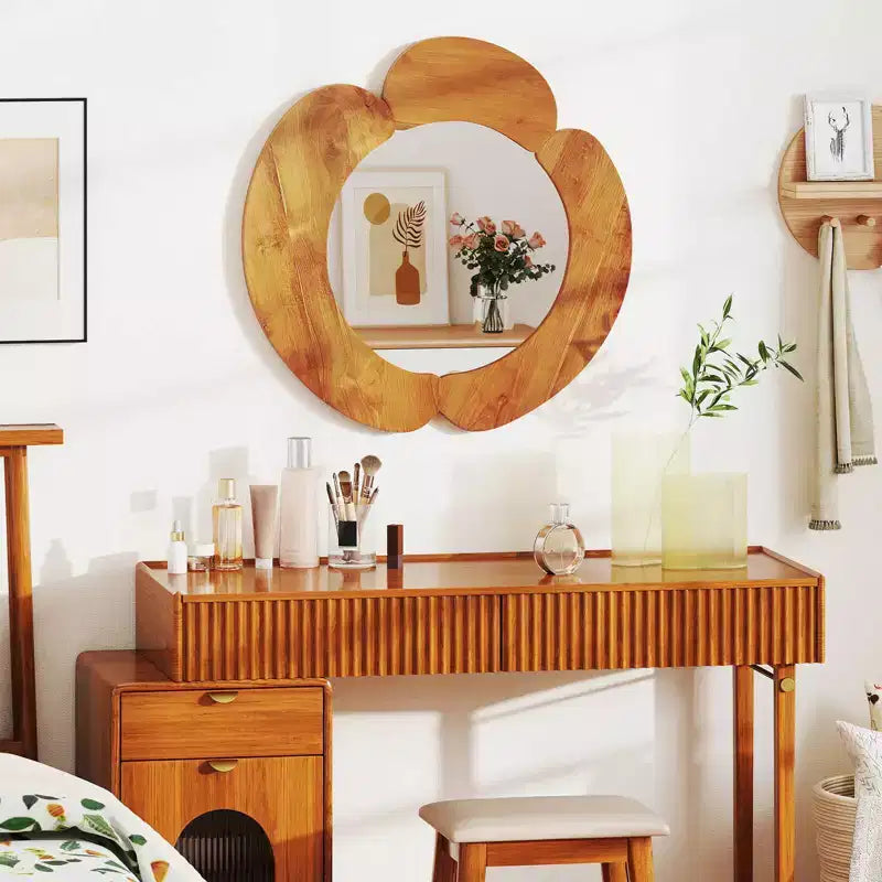 Miroir Mural Irrégulier Costway 73,6 cm Miroir de Vanité Suspendu Rustique avec Cadre en Bois de Teck