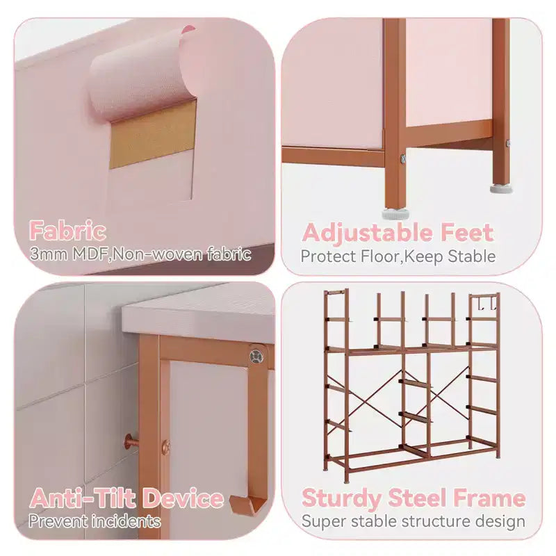 Commode à 12 tiroirs avec poche latérale, structure en acier, plateau en bois pour chambre à coucher, chambre d'enfant, placard, entrée