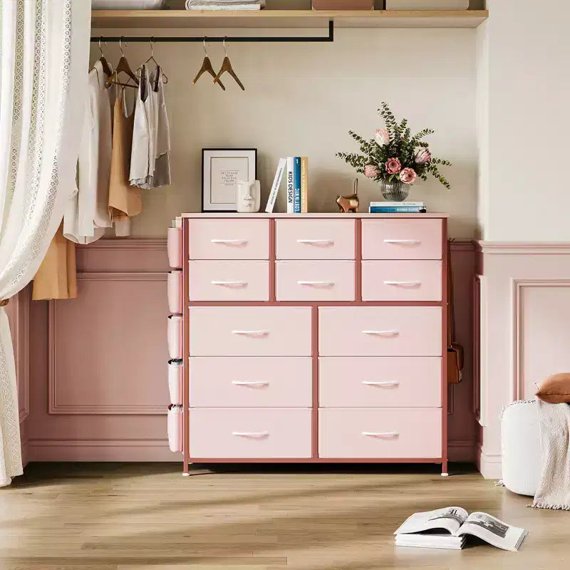 Commode à 12 tiroirs avec poche latérale, structure en acier, plateau en bois pour chambre à coucher, chambre d'enfant, placard, entrée