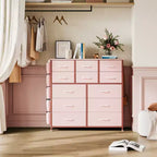 Commode à 12 tiroirs avec poche latérale, structure en acier, plateau en bois pour chambre à coucher, chambre d'enfant, placard, entrée