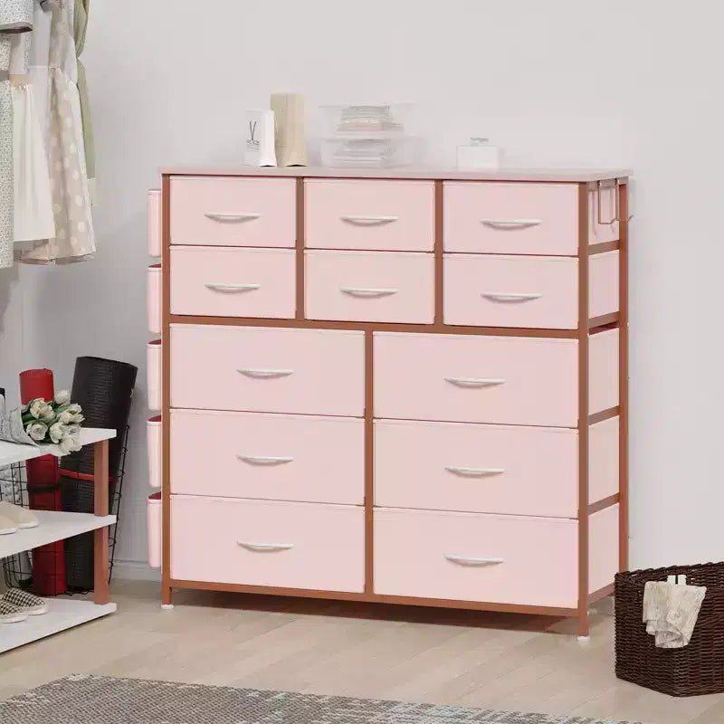 Commode à 12 tiroirs avec poche latérale, structure en acier, plateau en bois pour chambre à coucher, chambre d'enfant, placard, entrée
