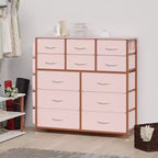 Commode à 12 tiroirs avec poche latérale, structure en acier, plateau en bois pour chambre à coucher, chambre d'enfant, placard, entrée