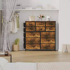 Commode à 12 tiroirs avec poche latérale, structure en acier, plateau en bois pour chambre à coucher, chambre d'enfant, placard, entrée
