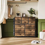 Commode à 12 tiroirs avec poche latérale, structure en acier, plateau en bois pour chambre à coucher, chambre d'enfant, placard, entrée