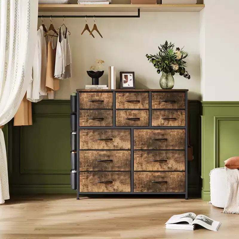 Commode à 12 tiroirs avec poche latérale, structure en acier, plateau en bois pour chambre à coucher, chambre d'enfant, placard, entrée
