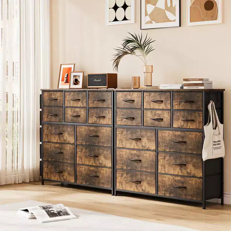 Commode à 12 tiroirs avec poche latérale, structure en acier, plateau en bois pour chambre à coucher, chambre d'enfant, placard, entrée
