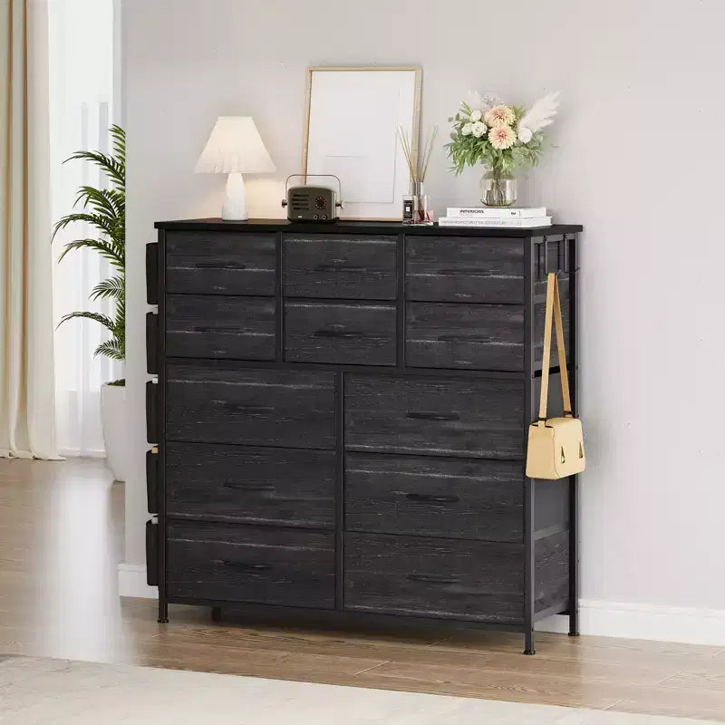 Commode à 12 tiroirs avec poche latérale, structure en acier, plateau en bois pour chambre à coucher, chambre d'enfant, placard, entrée