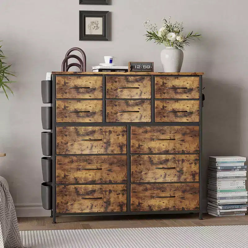 Commode à 12 tiroirs avec poche latérale, structure en acier, plateau en bois pour chambre à coucher, chambre d'enfant, placard, entrée