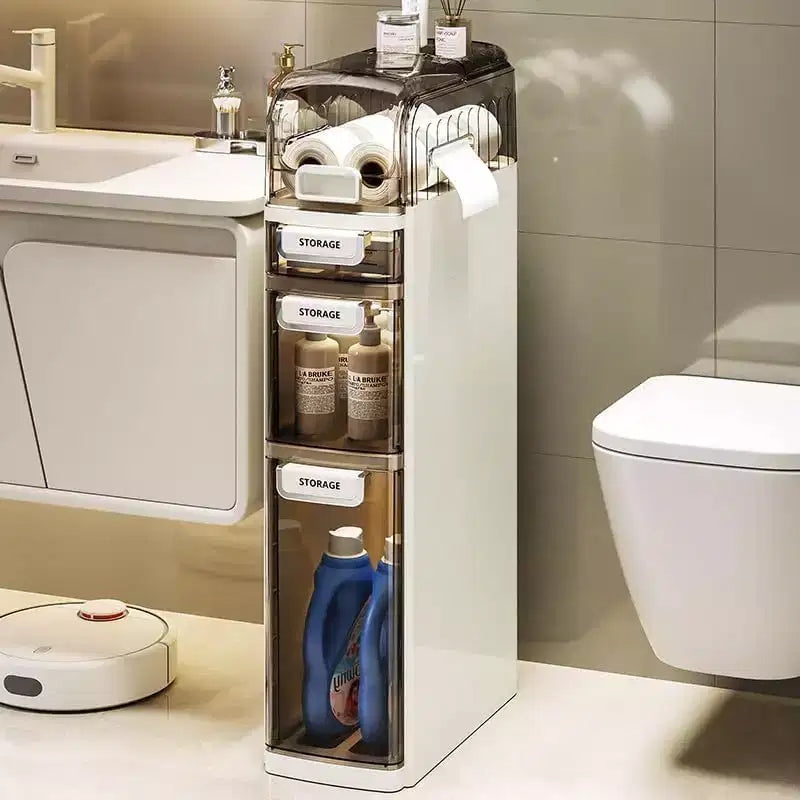 Meuble de rangement de salle de bain à 4 niveaux, armoire de rangement étroite avec tiroirs transparents, étagère autoportante, organisateur mince pour salle de bain ou bureau, 18x41x78cm