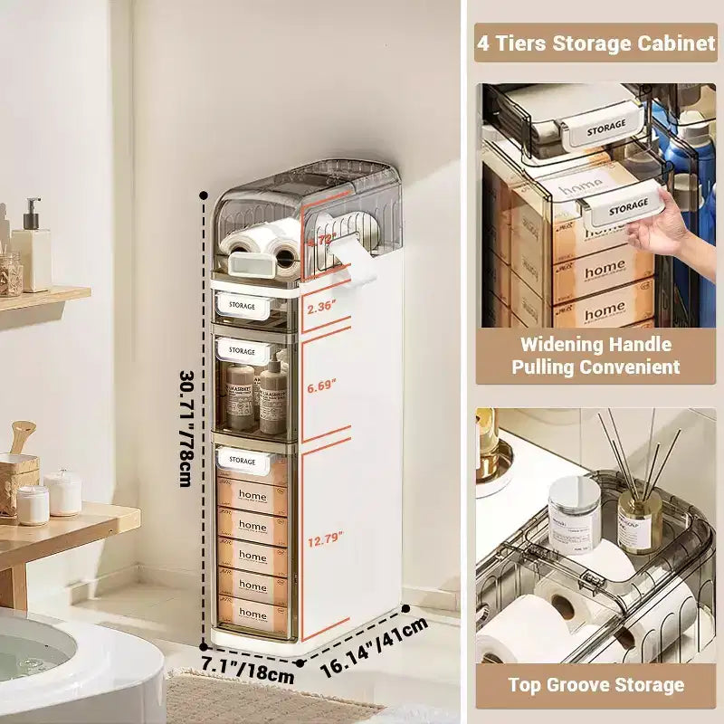 Meuble de rangement de salle de bain à 4 niveaux, armoire de rangement étroite avec tiroirs transparents, étagère autoportante, organisateur mince pour salle de bain ou bureau, 18x41x78cm