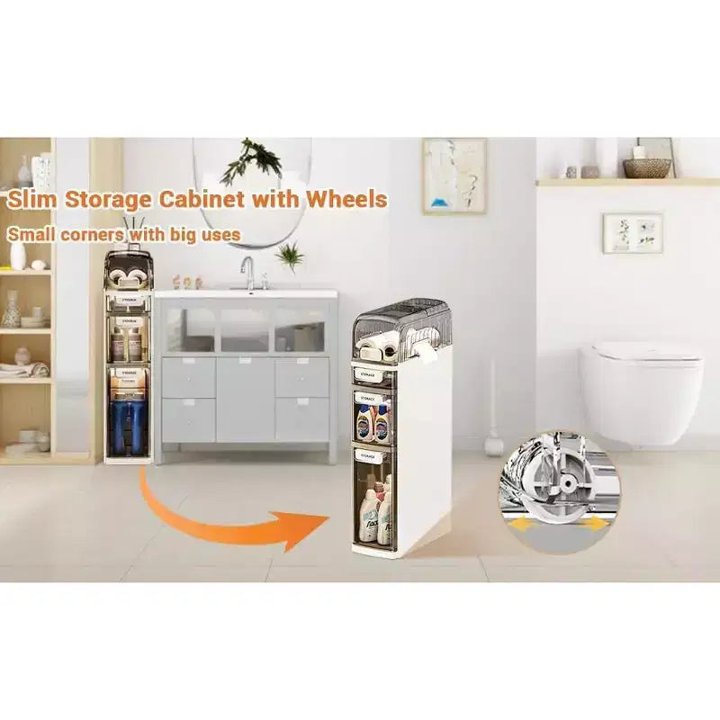 Meuble de rangement de salle de bain à 4 niveaux, armoire de rangement étroite avec tiroirs transparents, étagère autoportante, organisateur mince pour salle de bain ou bureau, 18x41x78cm