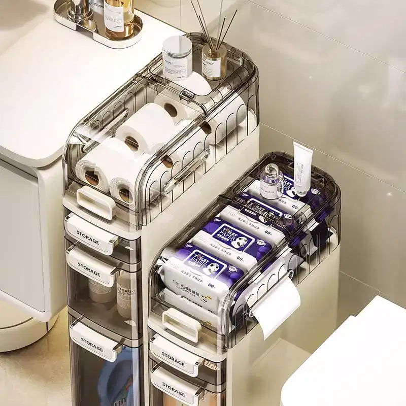 Meuble de rangement de salle de bain à 4 niveaux, armoire de rangement étroite avec tiroirs transparents, étagère autoportante, organisateur mince pour salle de bain ou bureau, 18x41x78cm