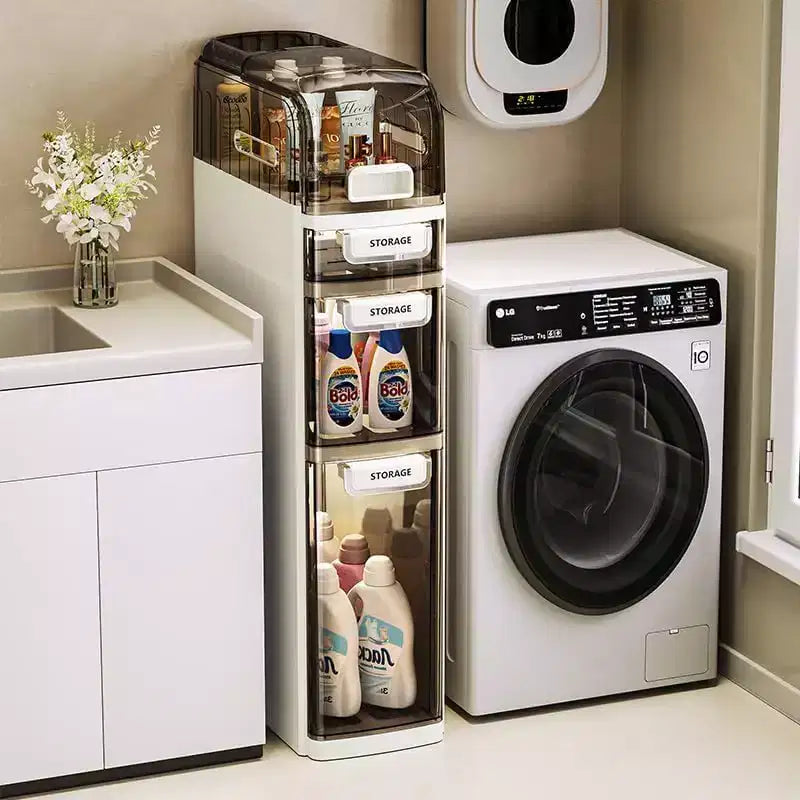 Meuble de rangement de salle de bain à 4 niveaux, armoire de rangement étroite avec tiroirs transparents, étagère autoportante, organisateur mince pour salle de bain ou bureau, 18x41x78cm