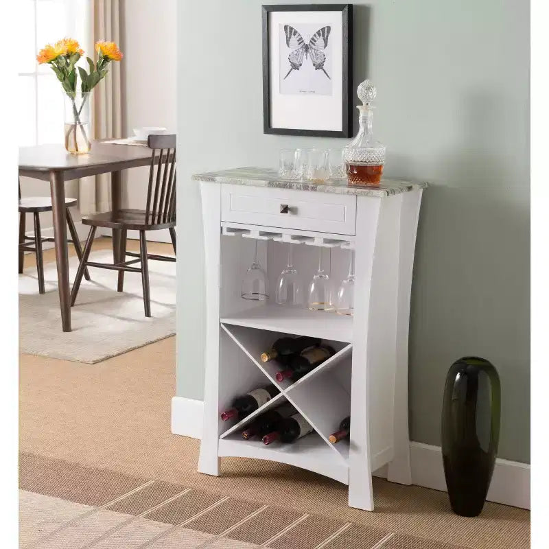 Kings Brand Hiland Meuble Bar Range-Bouteilles Avec Supports À Verres Et Tiroir, Noir ou Blanc
