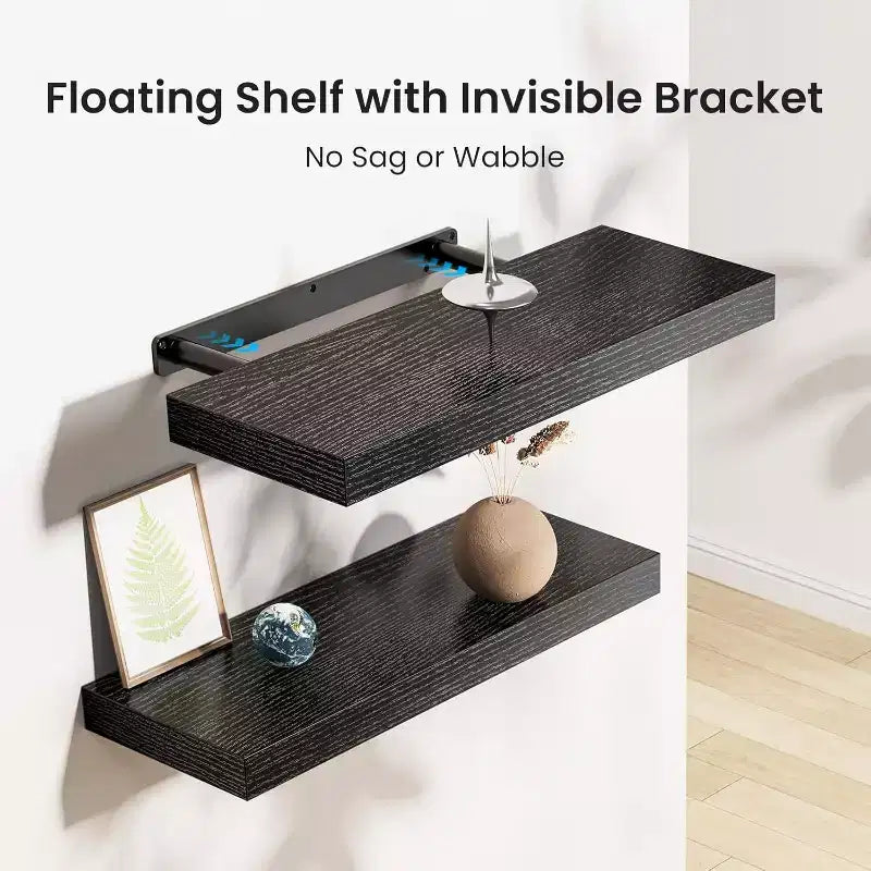 AMADA HOMEFFING Lot de 3 étagères flottantes noires, étagères murales avec supports cachés, étagères murales, convient pour les chambres, les salles de bains, les salons