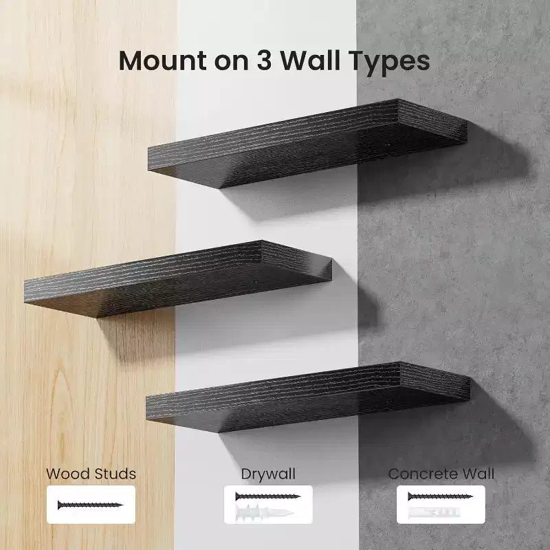AMADA HOMEFFING Lot de 3 étagères flottantes noires, étagères murales avec supports cachés, étagères murales, convient pour les chambres, les salles de bains, les salons