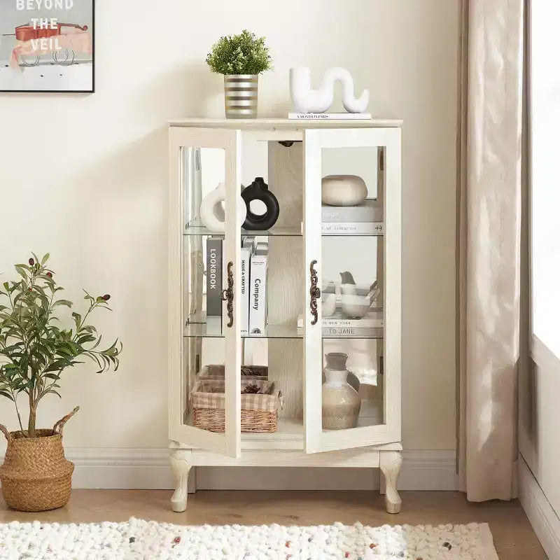 Okak Vitrine, Vitrine d'exposition avec 2 portes en verre trempé et étagères réglables, Armoire de rangement pour salon, chambre à coucher