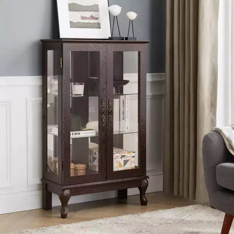 Okak Vitrine, Vitrine d'exposition avec 2 portes en verre trempé et étagères réglables, Armoire de rangement pour salon, chambre à coucher