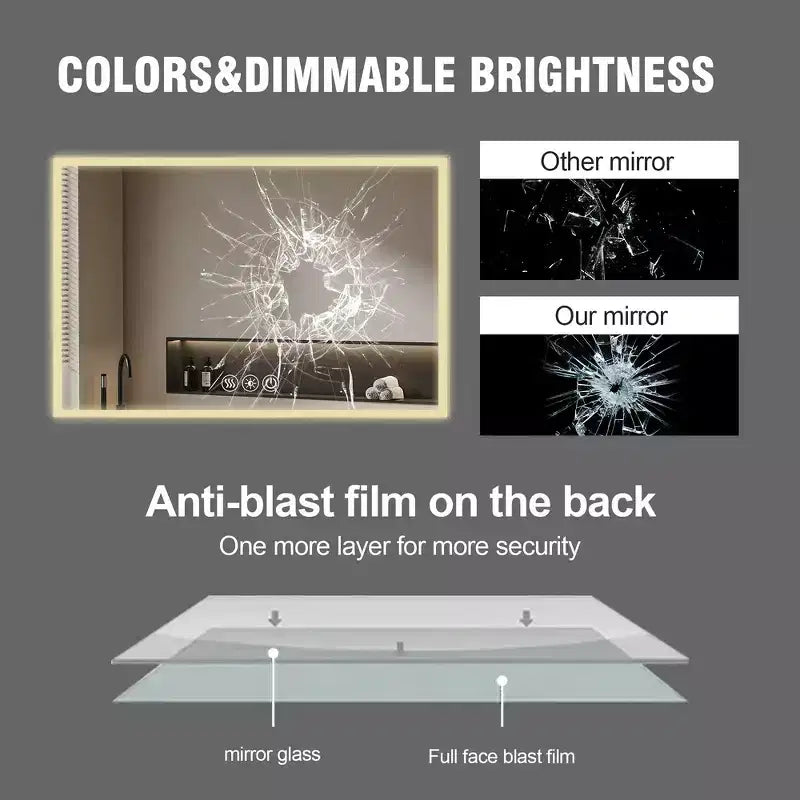 Miroir mural Whisen avec cadre en aluminium et contrôle tactile dimmable, anti-buée, 48x32 - Argent