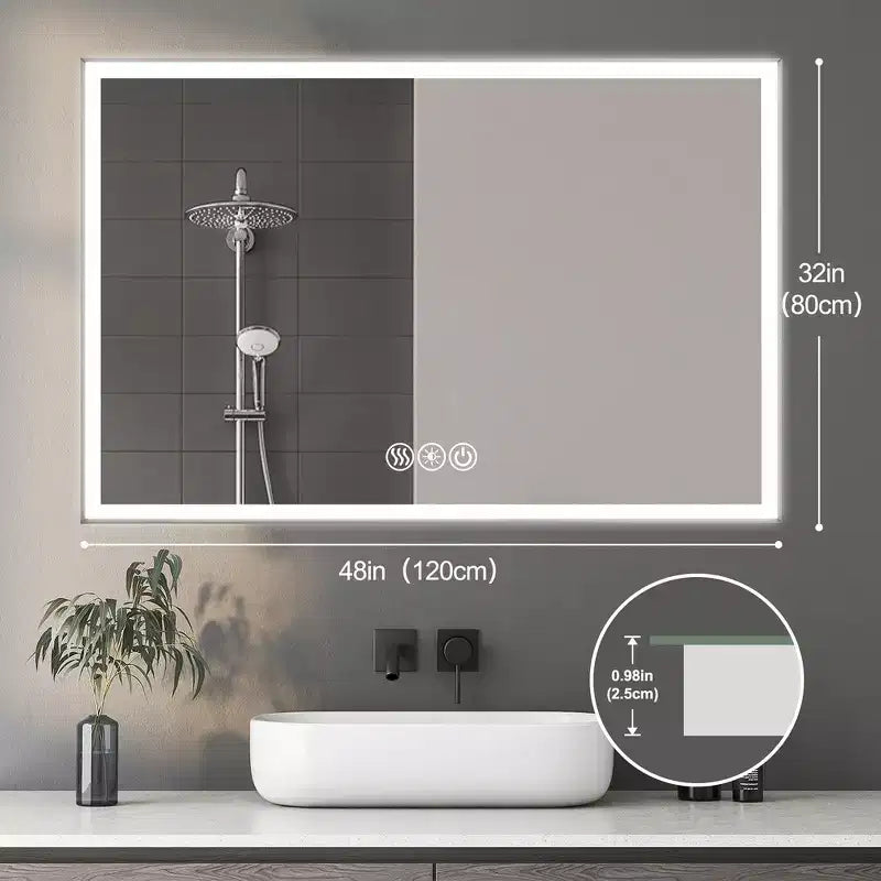 Miroir mural Whisen avec cadre en aluminium et contrôle tactile dimmable, anti-buée, 48x32 - Argent