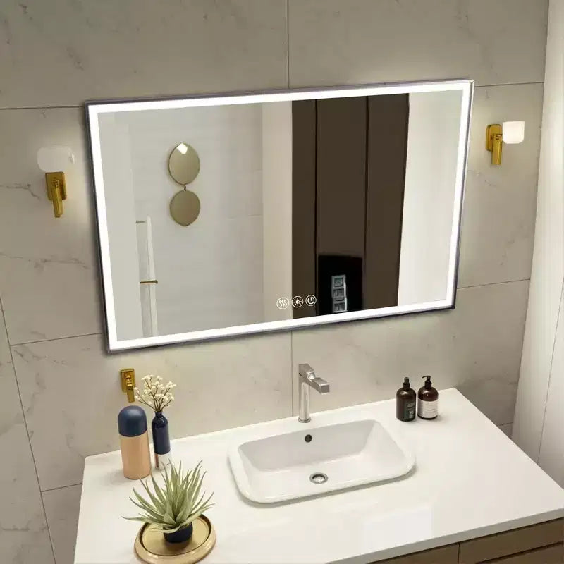 Miroir mural Whisen avec cadre en aluminium et contrôle tactile dimmable, anti-buée, 48x32 - Argent