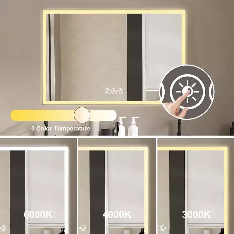 Miroir mural Whisen avec cadre en aluminium et contrôle tactile dimmable, anti-buée, 48x32 - Argent