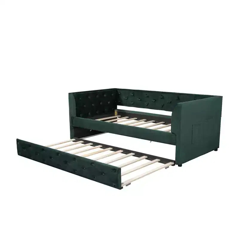 Lit de repos une place Bellemave en velours avec lit gigogne, cadre de lit plateforme avec accoudoirs pour salon, vert